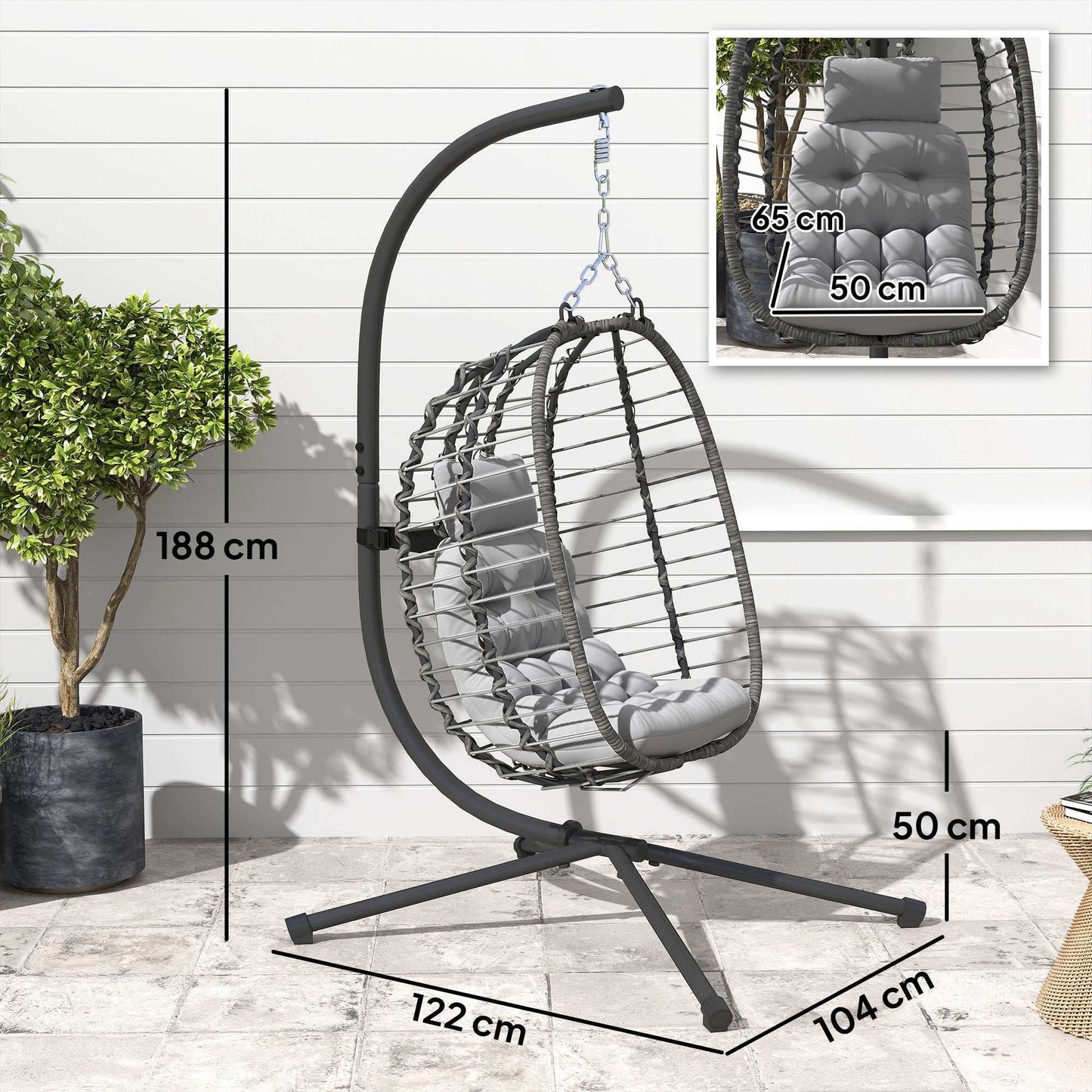 Rattan Hanging Egg Chair, Foldable Wicker Hammock Swing Chair with Cushion, Stand, Adjustable Height, Head Pillow, Steel Frame for Garden