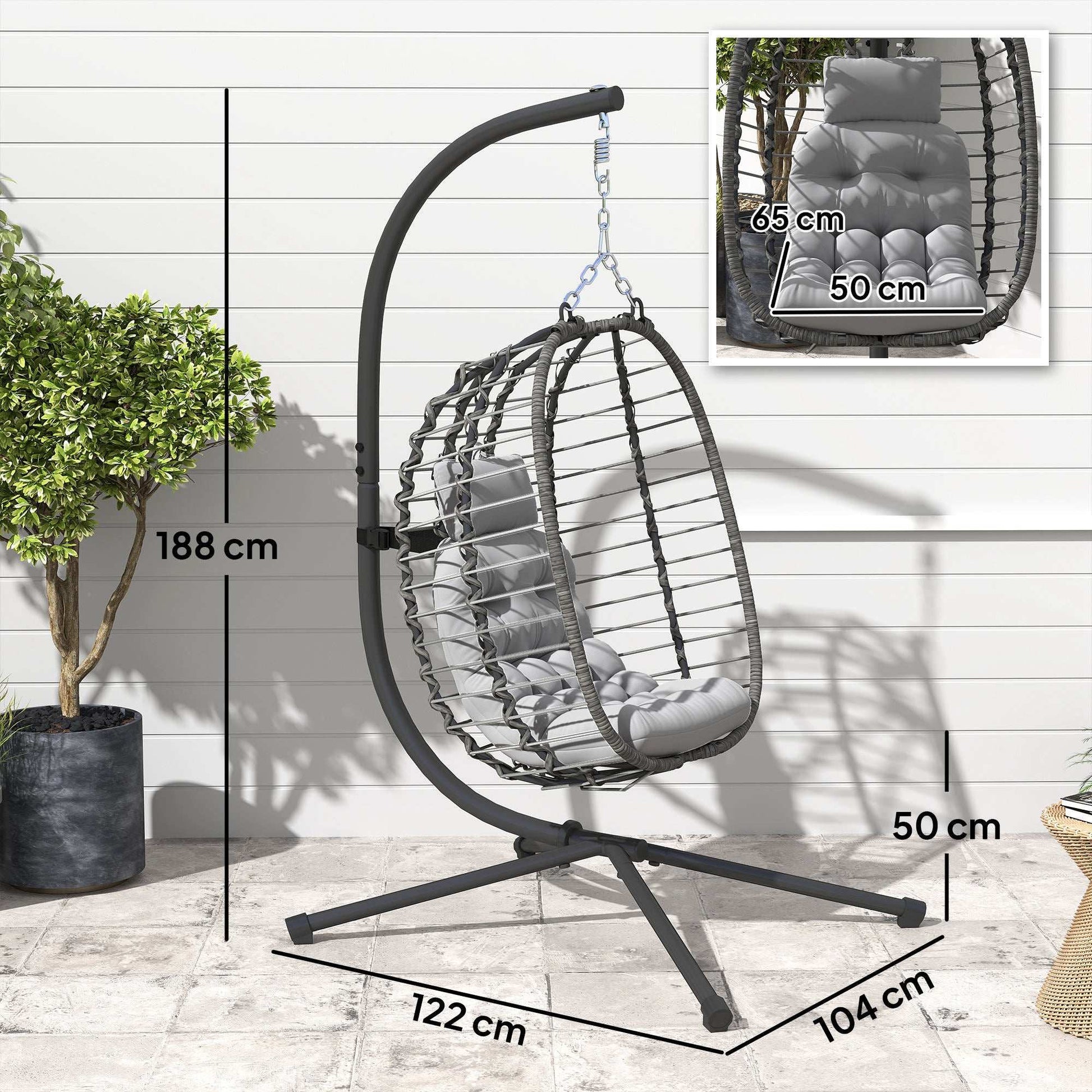 Rattan Hanging Egg Chair, Foldable Wicker Hammock Swing Chair with Cushion, Stand, Adjustable Height, Head Pillow, Steel Frame for Garden