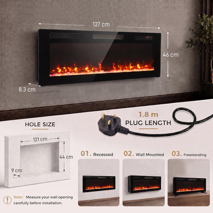 Slim Electric Fireplace | 127cm, 900/1800W | Crystal Effect, 12 Colours & Remote | Wall-Mounted, Recessed or Freestanding | Black