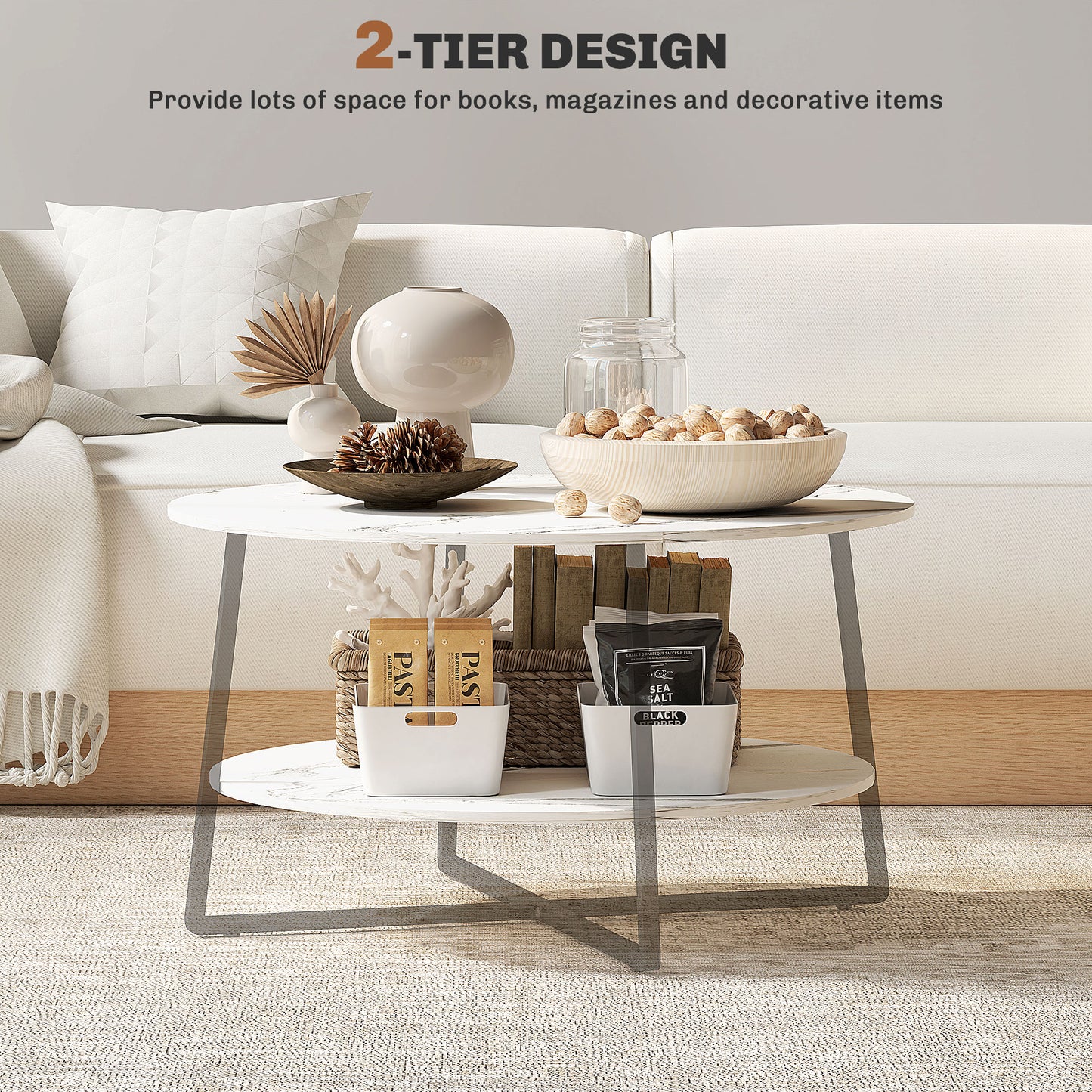 2-Tier Round Coffee Table with Storage Shelf, Living Room Table with Marble Effect Top and Steel Frame, White