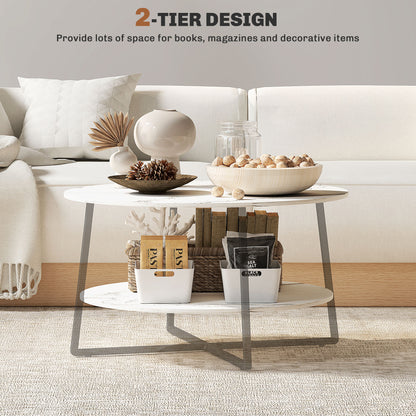 2-Tier Round Coffee Table with Storage Shelf, Living Room Table with Marble Effect Top and Steel Frame, White