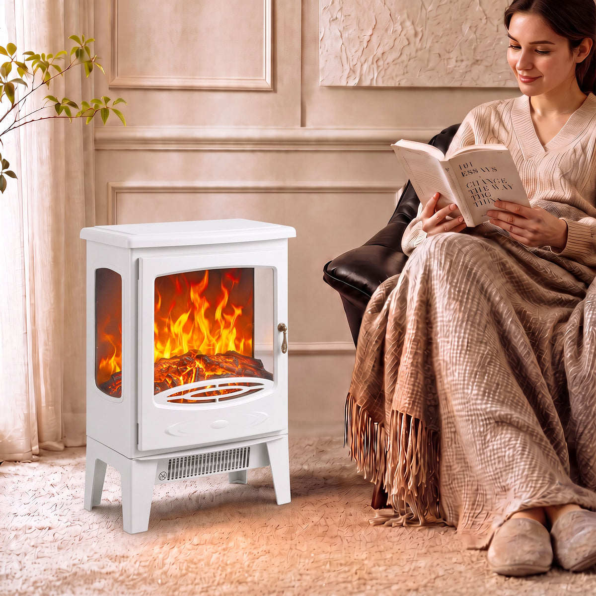Freestanding Electric Stove | 900W/1800W Heater | 3-Sided Glass & Adjustable Flame Effect | 39 × 26 × 54.8cm | White or Grey