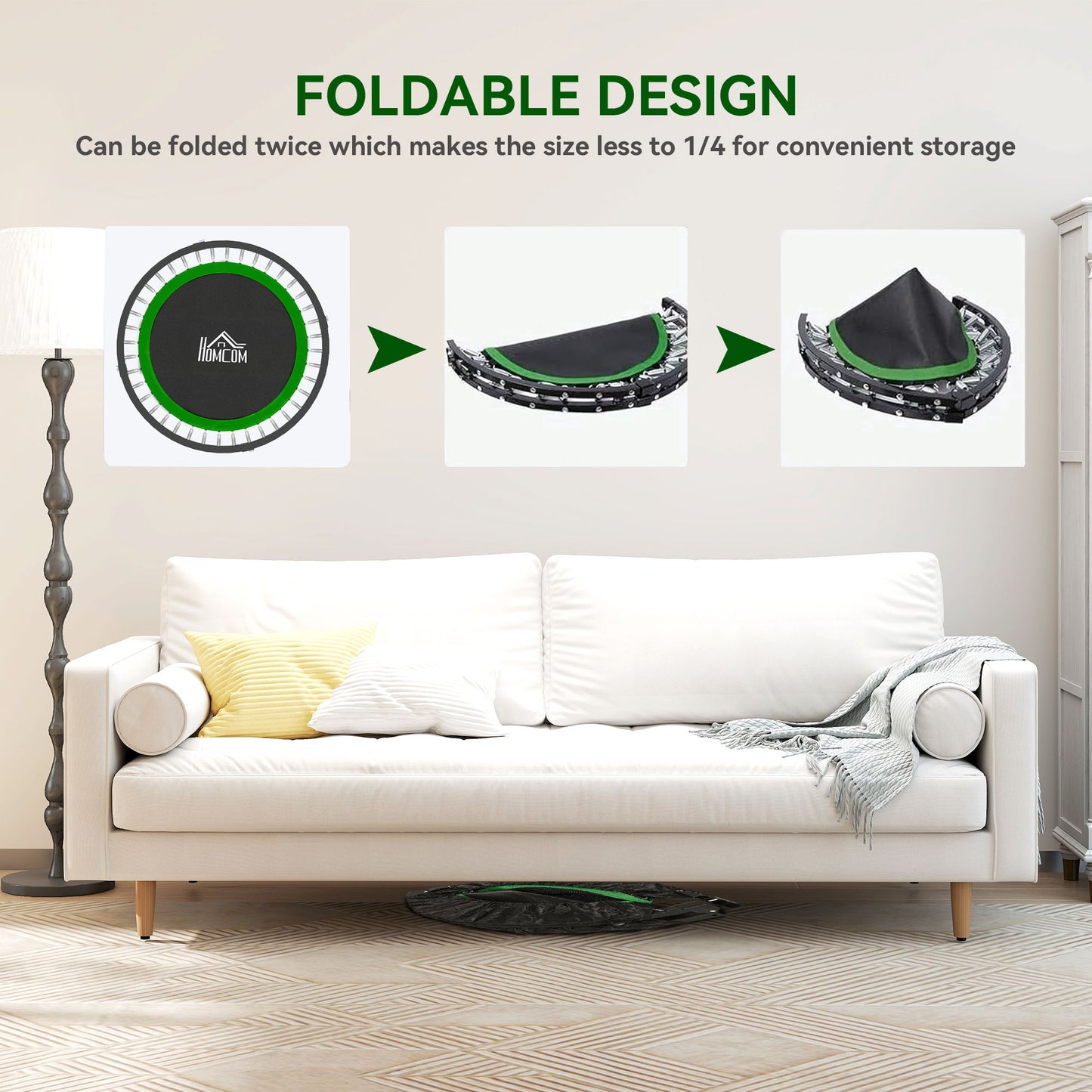 40" Foldable Mini Fitness Trampoline, with Adjustable Foam Handle, Green