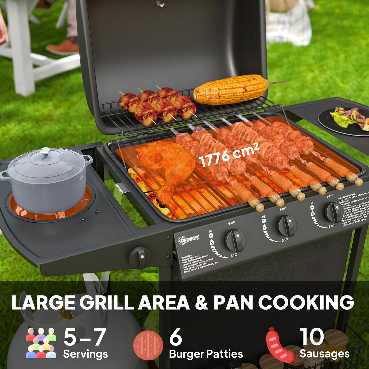 3+1 Burner Gas BBQ Grill, Portable Gas Barbecue Grill with Built-in Thermometer, Lid, Side Table, Shelf, Spice Rack, Wheels, Grease Cup for Garden