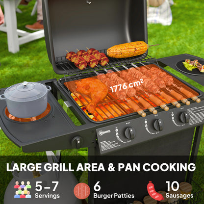 3+1 Burner Gas BBQ Grill, Portable Gas Barbecue Grill with Built-in Thermometer, Lid, Side Table, Shelf, Spice Rack, Wheels, Grease Cup for Garden