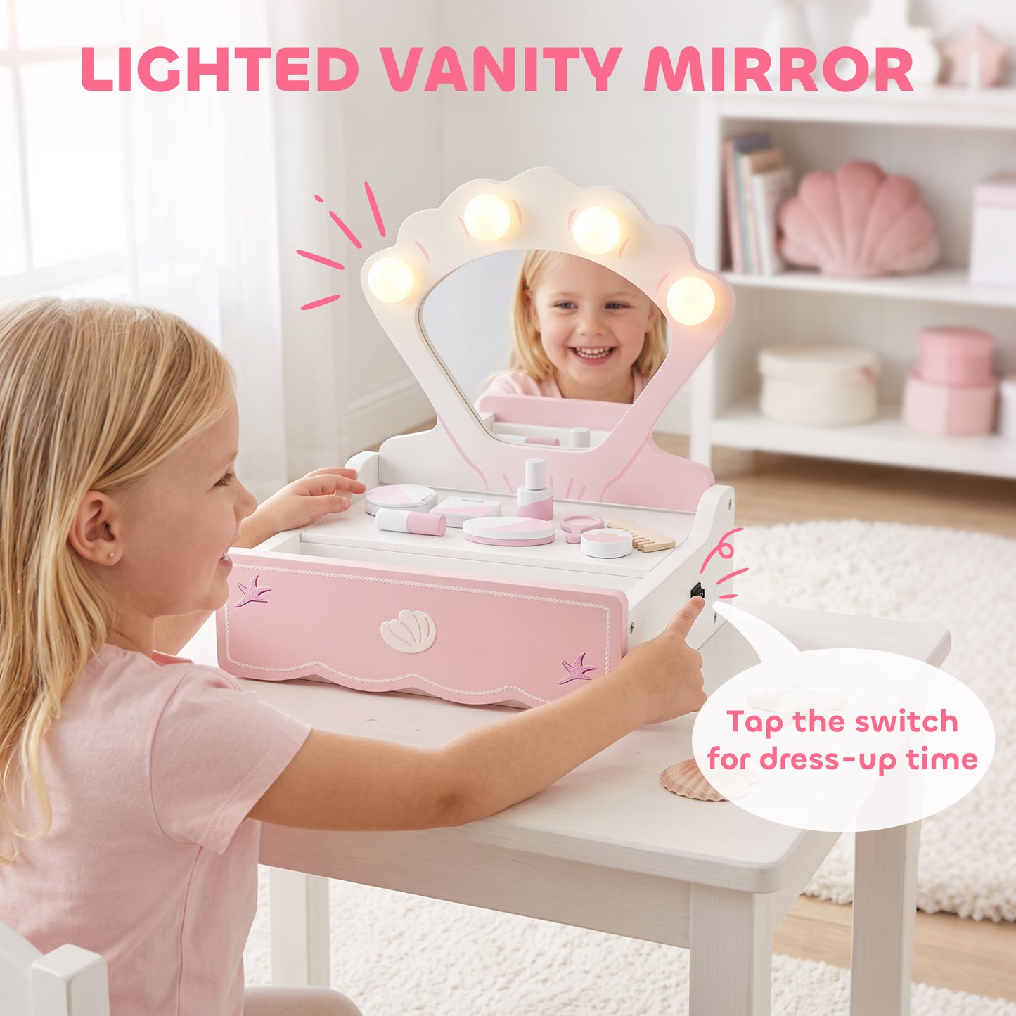 Kids Vanity Table | Girls Dressing Table | 4 Lights | Mirror | Drawer | 8 Accessories | Ages 3–6 | 31x27x33.2cm | Pink