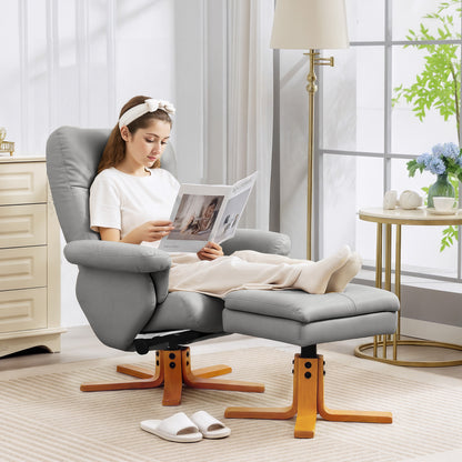PU Leather Swivel Recliner Chair with Footstool, Wooden Base and Storage for Living Room, Light Grey