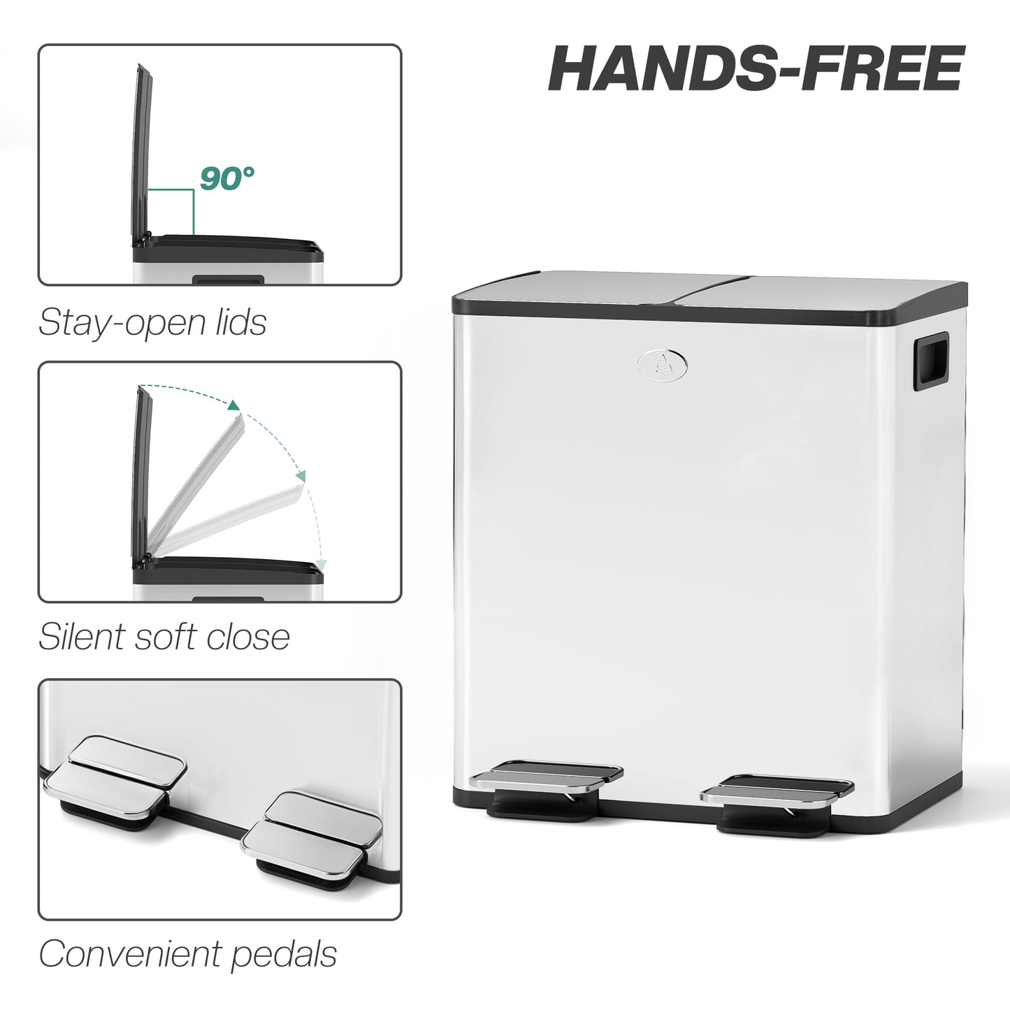 40L Dual Compartment Stainless Steel Bin, with Deodoriser Holders - Silver Tone / Gold Tone