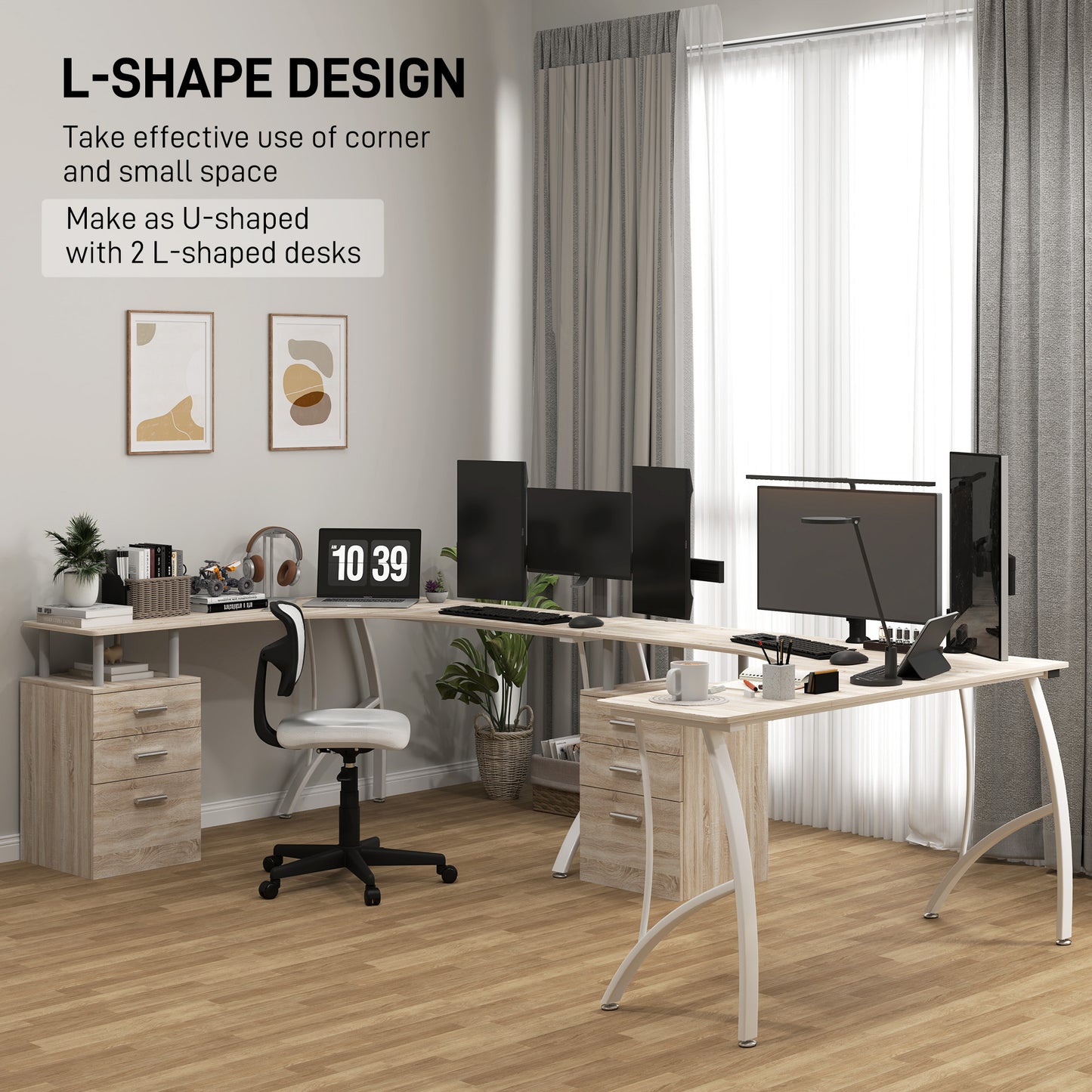 L-Shaped Computer Desk Table with Storage Drawer, Home Office Desk Corner Industrial Style Workstation for A4 Files 143.5 x 143.5 x 76cm, Oak