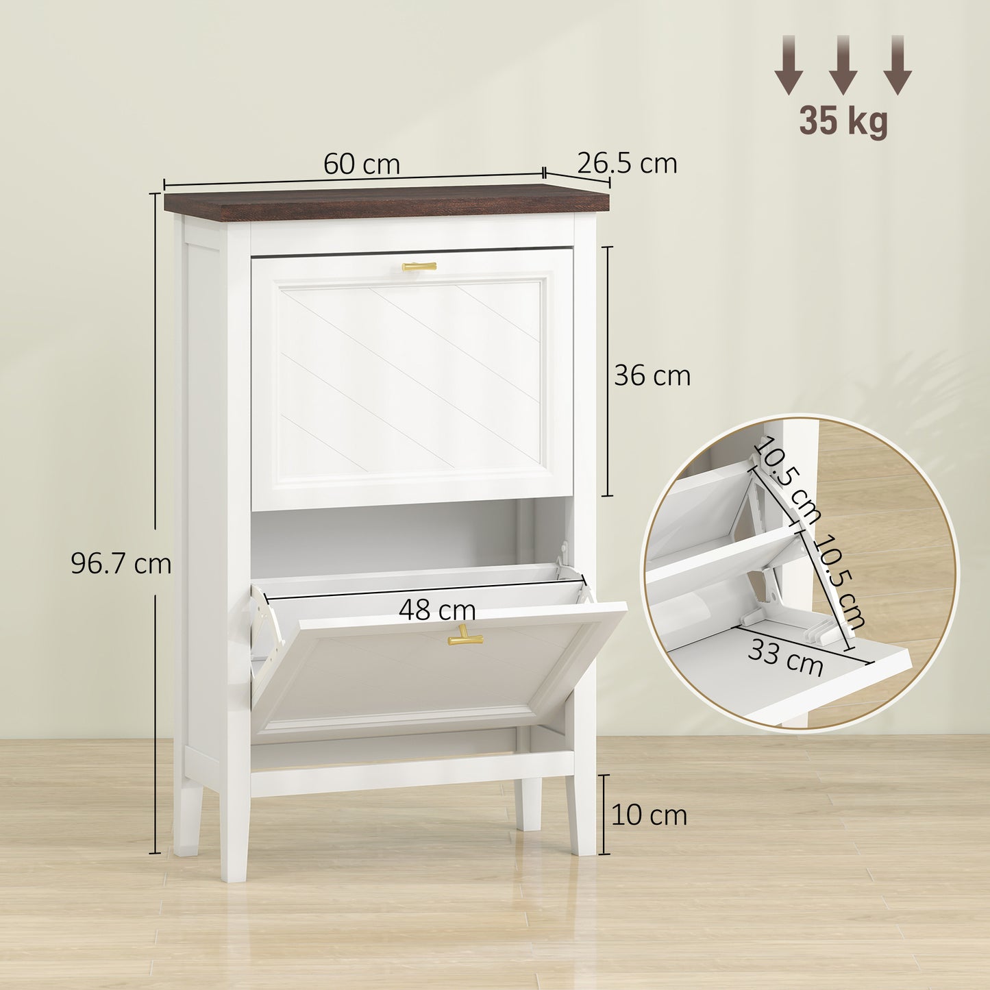 Farmhouse Narrow Shoe Cabinet | 2 Flip Drawers | Gold Handles | White | 96.7cm