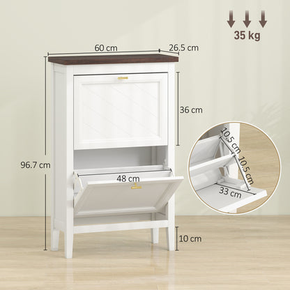 Farmhouse Narrow Shoe Cabinet | 2 Flip Drawers | Gold Handles | White | 96.7cm