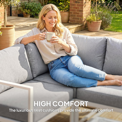 6-Piece Modular Aluminium Garden Sofa Set | Corner, 2 Middle & 2 Side Sofas | Tempered Glass Coffee Table | 10cm Seat & 18cm Back Cushions | Washable Covers | White Frame | Light Grey | 267x135x63cm