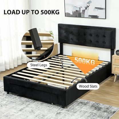 King Size Ottoman Bed Frame, with Front Drawer - Black / Cream White