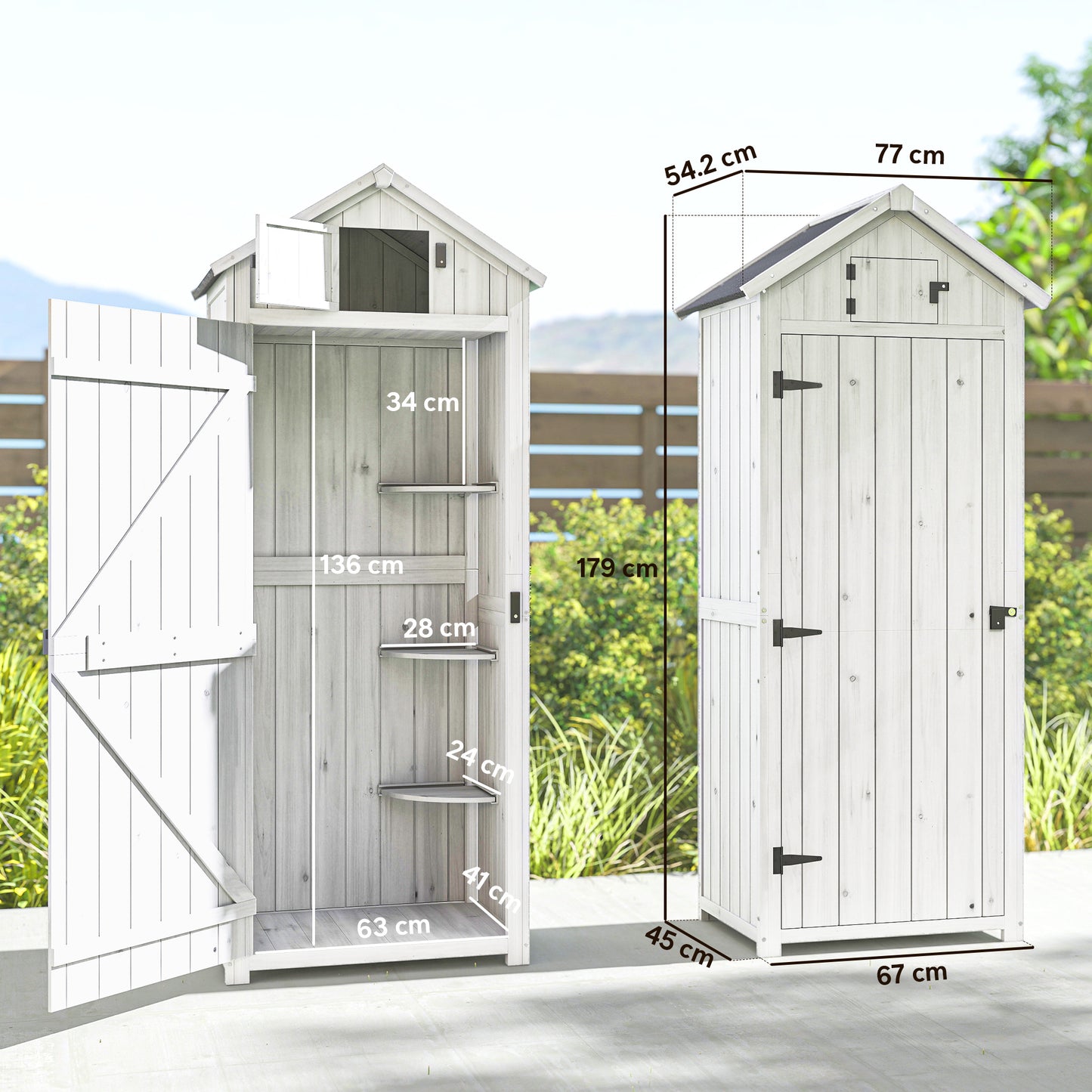Tall Slim Fir Wood Garden Storage Shed | 3 Removable Shelves | Asphalt Roof | Roof Hatch Window | Door Latch | 2-Layer Water-Resistant Paint | 77x54.2x179cm | Light Grey