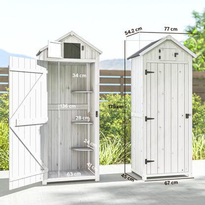 Tall Slim Fir Wood Garden Storage Shed | 3 Removable Shelves | Asphalt Roof | Roof Hatch Window | Door Latch | 2-Layer Water-Resistant Paint | 77x54.2x179cm | Light Grey