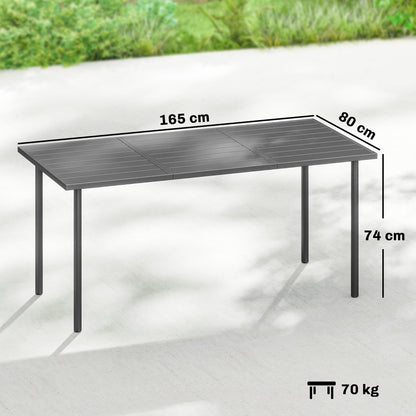 6-Seater Rectangular Garden Dining Table | Slatted Metal Top | Quick Drain | Powder-Coated Steel Frame | Foot Pads | 70kg Capacity | 165x80x74cm | Dark Grey