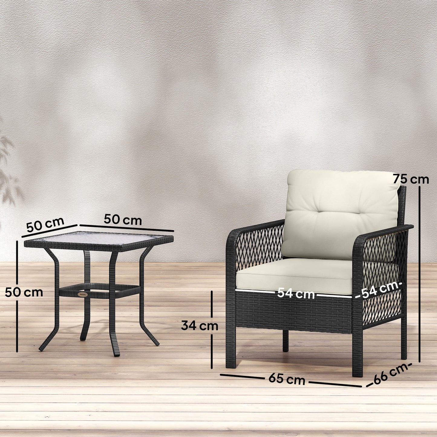 3 Piece Rattan Bistro Set | 2 Armchairs | Tempered Glass Coffee Table | 10cm Seat Cushions | Washable Covers | PE Wicker Metal Frame | 160kg | Cream