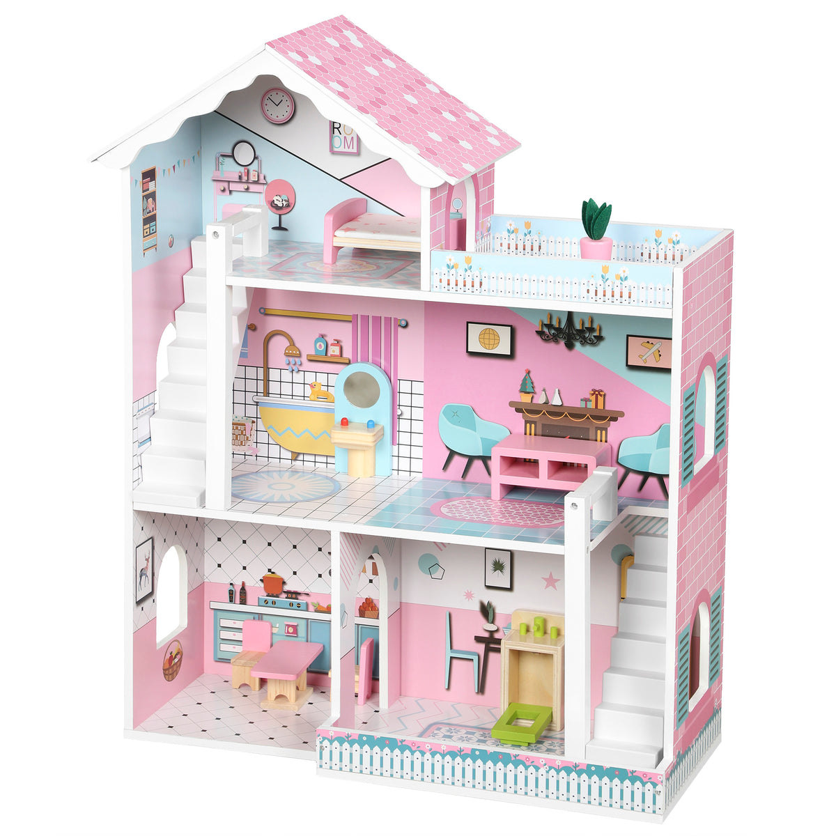 Kids Large 3-Storey Dolls House | 10 Accessories Included | Fits Dolls Up to 20cm | Detailed Rooms & Balcony | MDF | Smooth Edges | STEM-Inspired Pretend Play | 60.5x24x72.5cm | Ages 3–6 | Pink