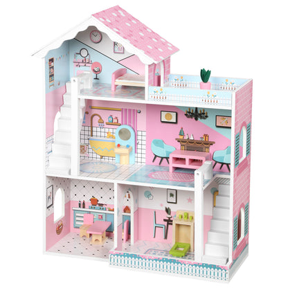 Kids Large 3-Storey Dolls House | 10 Accessories Included | Fits Dolls Up to 20cm | Detailed Rooms & Balcony | MDF | Smooth Edges | STEM-Inspired Pretend Play | 60.5x24x72.5cm | Ages 3–6 | Pink