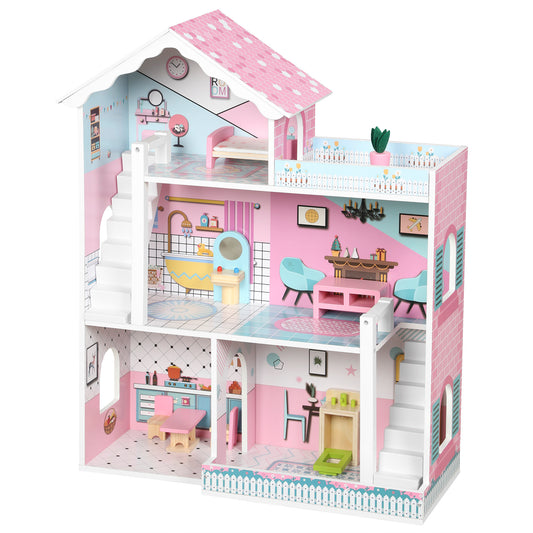 Kids Large 3-Storey Dolls House | 10 Accessories Included | Fits Dolls Up to 20cm | Detailed Rooms & Balcony | MDF | Smooth Edges | STEM-Inspired Pretend Play | 60.5x24x72.5cm | Ages 3–6 | Pink