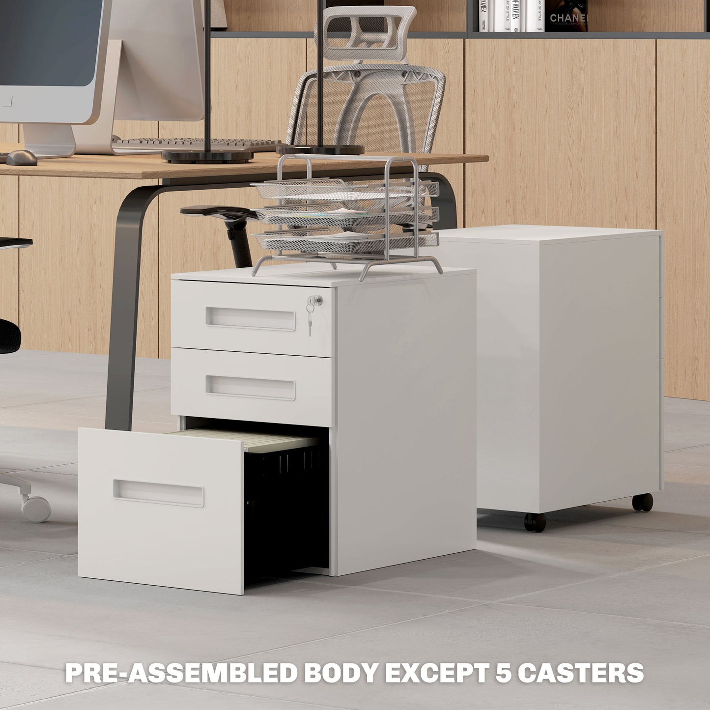 3 Drawer Mobile Metal Filing Cabinet | Under Desk | 39x48x60cm | Lockable | A4 Legal Letter | Pencil Tray | 4 Wheels 2 Brakes | Pre-Assembled | 30kg | White