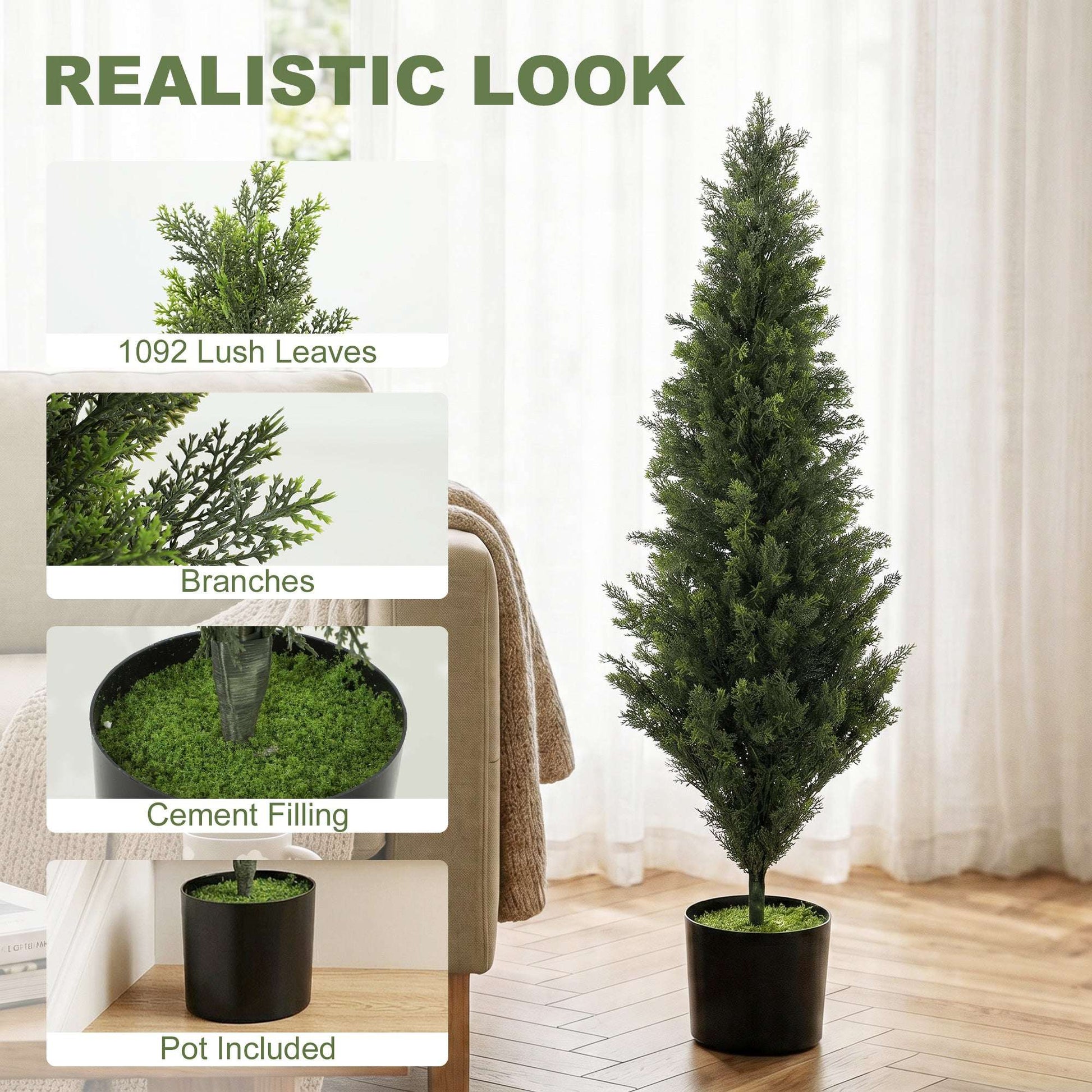 Set of 2 Artificial Cypress Trees | 120cm | 1092 PE Leaves | Shapeable Branches | Cement Base | No Maintenance | Green