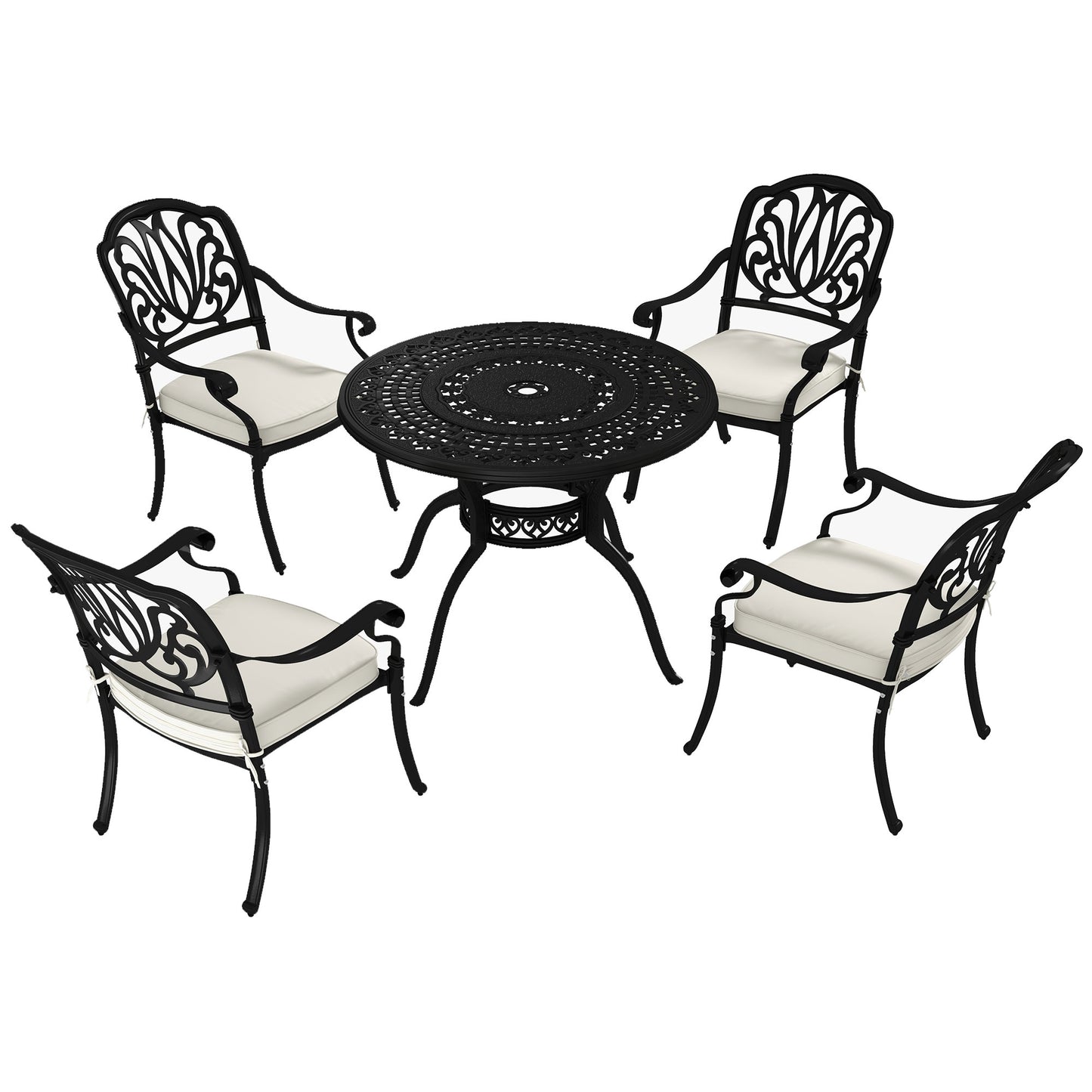 Outsunny Cast Aluminium 4 Seater Outdoor Dining Set with Cushions Parasol Hole Black