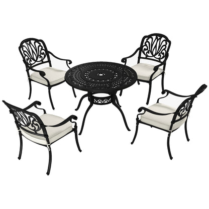 Outsunny Cast Aluminium 4 Seater Outdoor Dining Set with Cushions Parasol Hole Black