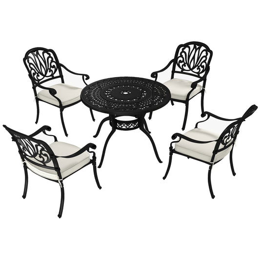Outsunny Cast Aluminium 4 Seater Outdoor Dining Set with Cushions Parasol Hole Black