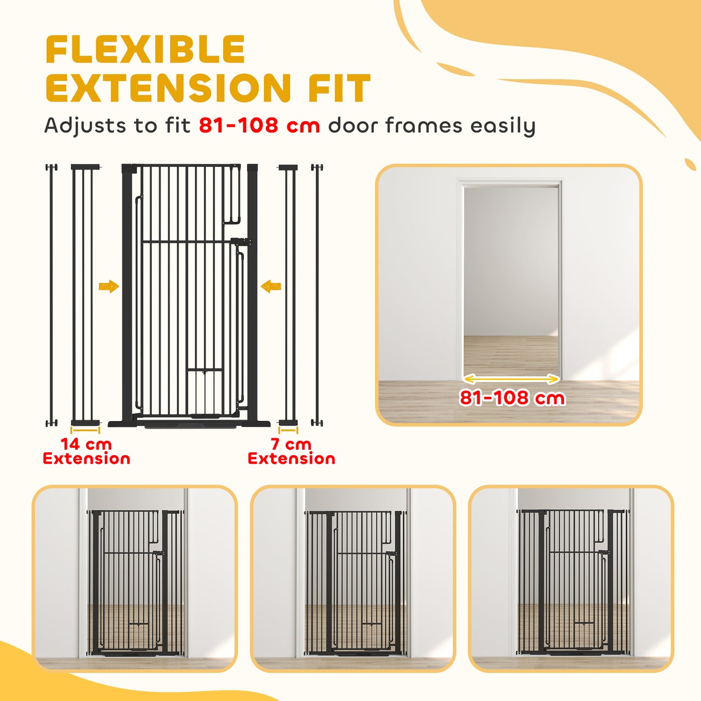 135cm Extra Tall Dog Gate with Cat Door | Pressure Mounted | Fits 81–108cm | No Drilling | Lift-Lock | Steel | Black