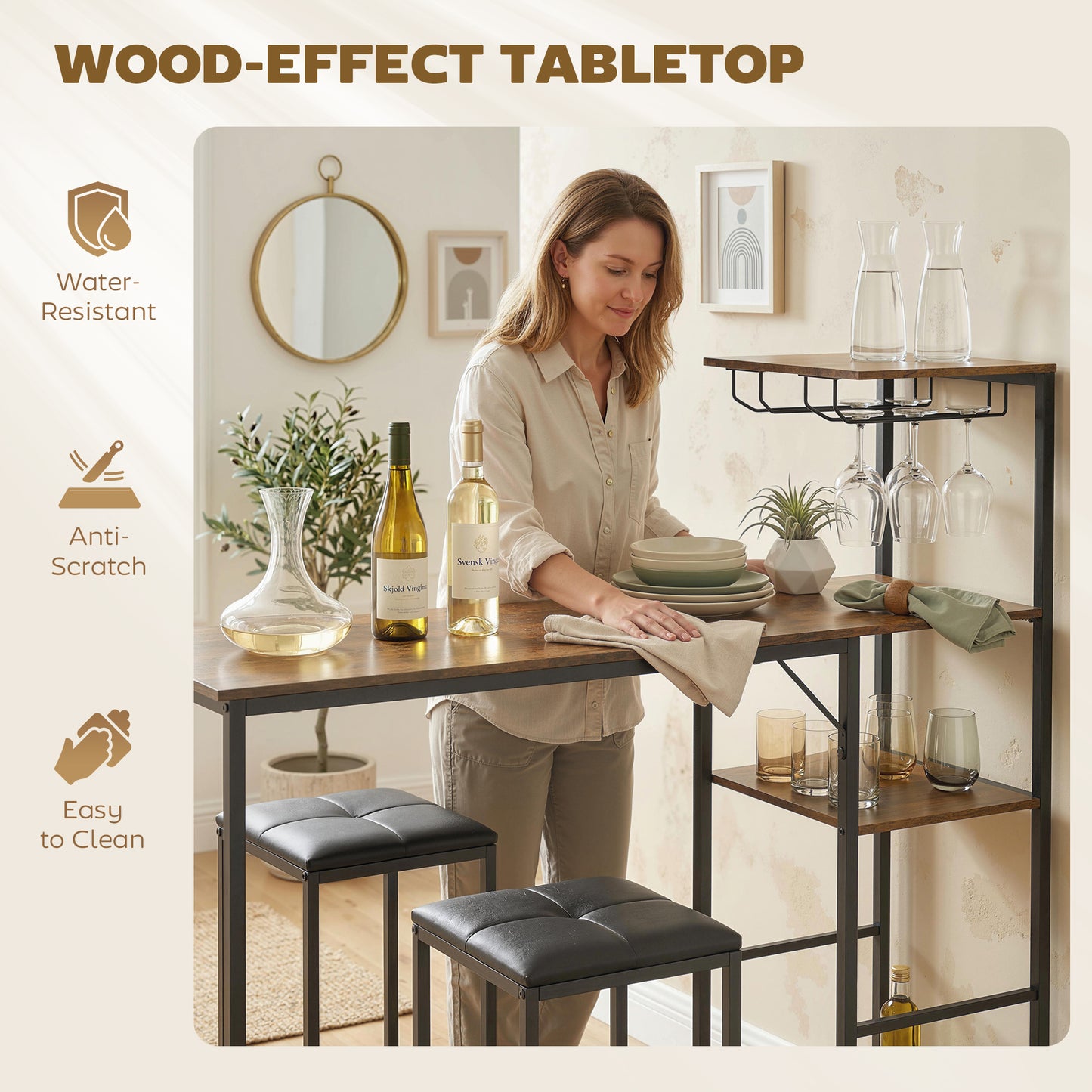 3-Piece Breakfast Bar Table & Stools Set | 4-Tier Shelving | Wine Glass Racks | Faux Leather Stools | Footrests | Rustic Brown
