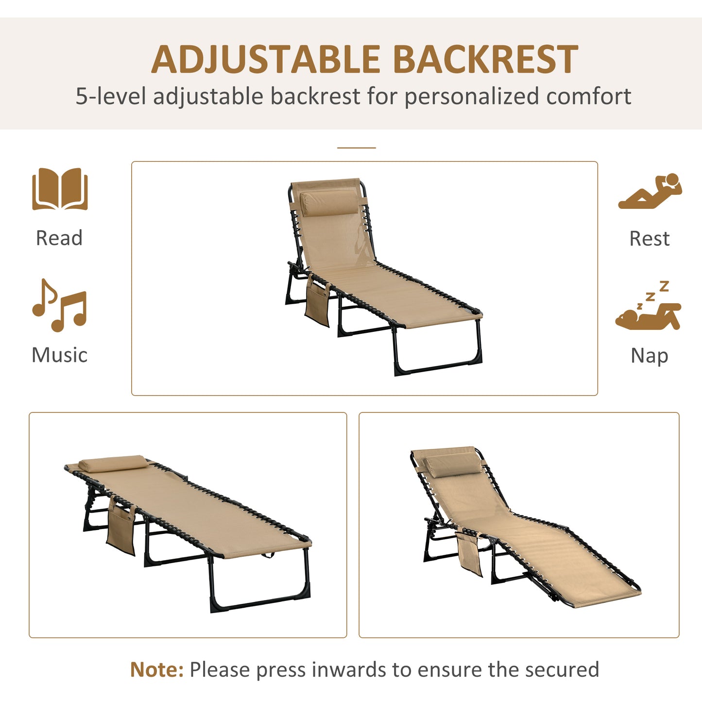Portable Sun Lounger Set of 2, Folding Camping Bed Cot, Reclining Lounge Chair 5-position Adjustable Backrest with Side Pocket, Pillow - Beige
