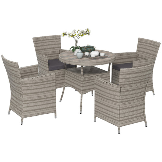 Outsunny Rattan Dining Set 5 Pieces with Removable Cushions, Slatted Tabletop for Patio, Lawn, Balcony, Grey