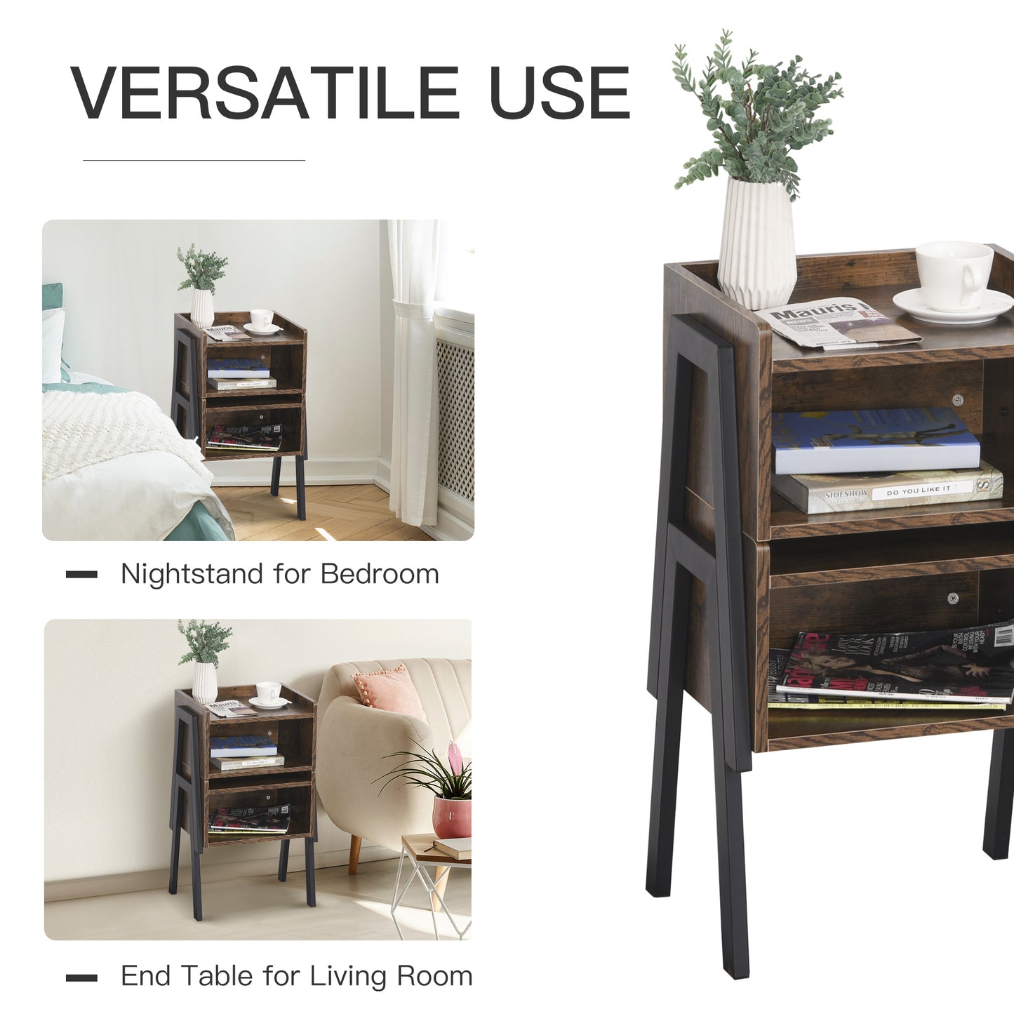 Set Of 2 Industrial Stacking Retro Style Side Tables Stacking Duo w/ Compartment Shelf Steel Frame Stylish Unique End Bed Tables Home Furniture