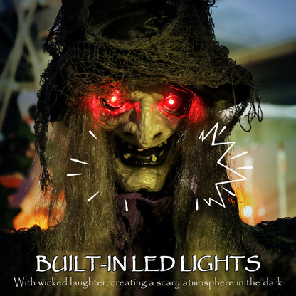 183 cm Life Size Halloween Animated Hanging Witch with Glowing LED Eyes, Spooky Witch Scary Halloween Decorations, Battery Operated, Indoor Party Props