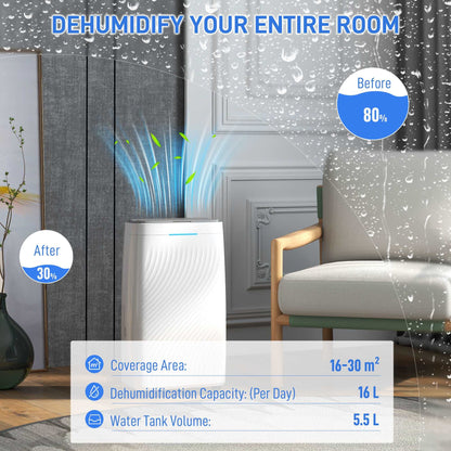 16L/Day Dehumidifier with Activated Carbon Air Filter, Continuous Drainage, 5.5L Water Tank, 24H Timer for Home Damp, Bedroom, Condensation,