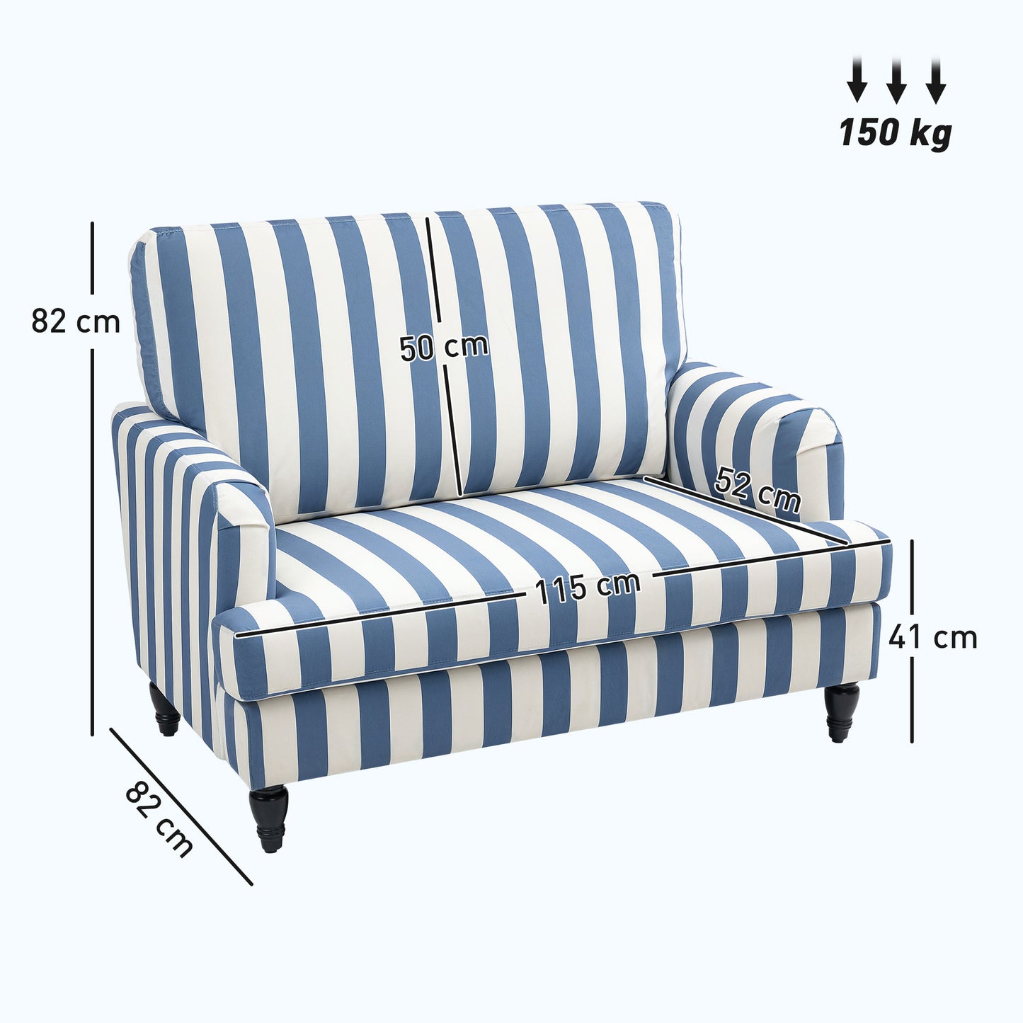 Modern Accent Chair, Velvet Armchair with Stripe, Turned Legs and Wide Seat, Upholstered Snuggle Chair for Living Room, Bedroom, Blue and White