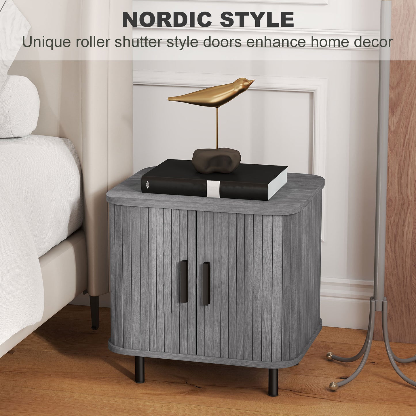Nordic Bedside Table | Roller Shutter Sliding Doors | 2-Tier Storage | Melamine Surface | Steel Legs | 90kg | 48x40x48cm | Grey