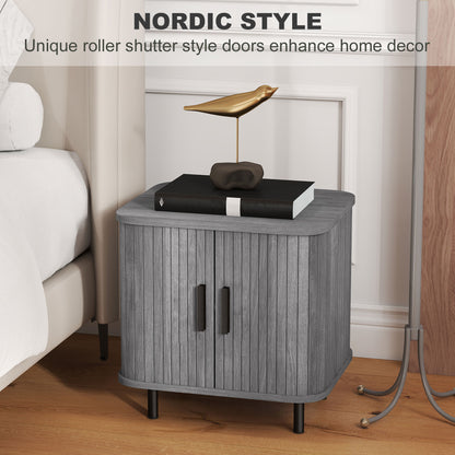 Nordic Bedside Table | Roller Shutter Sliding Doors | 2-Tier Storage | Melamine Surface | Steel Legs | 90kg | 48x40x48cm | Grey