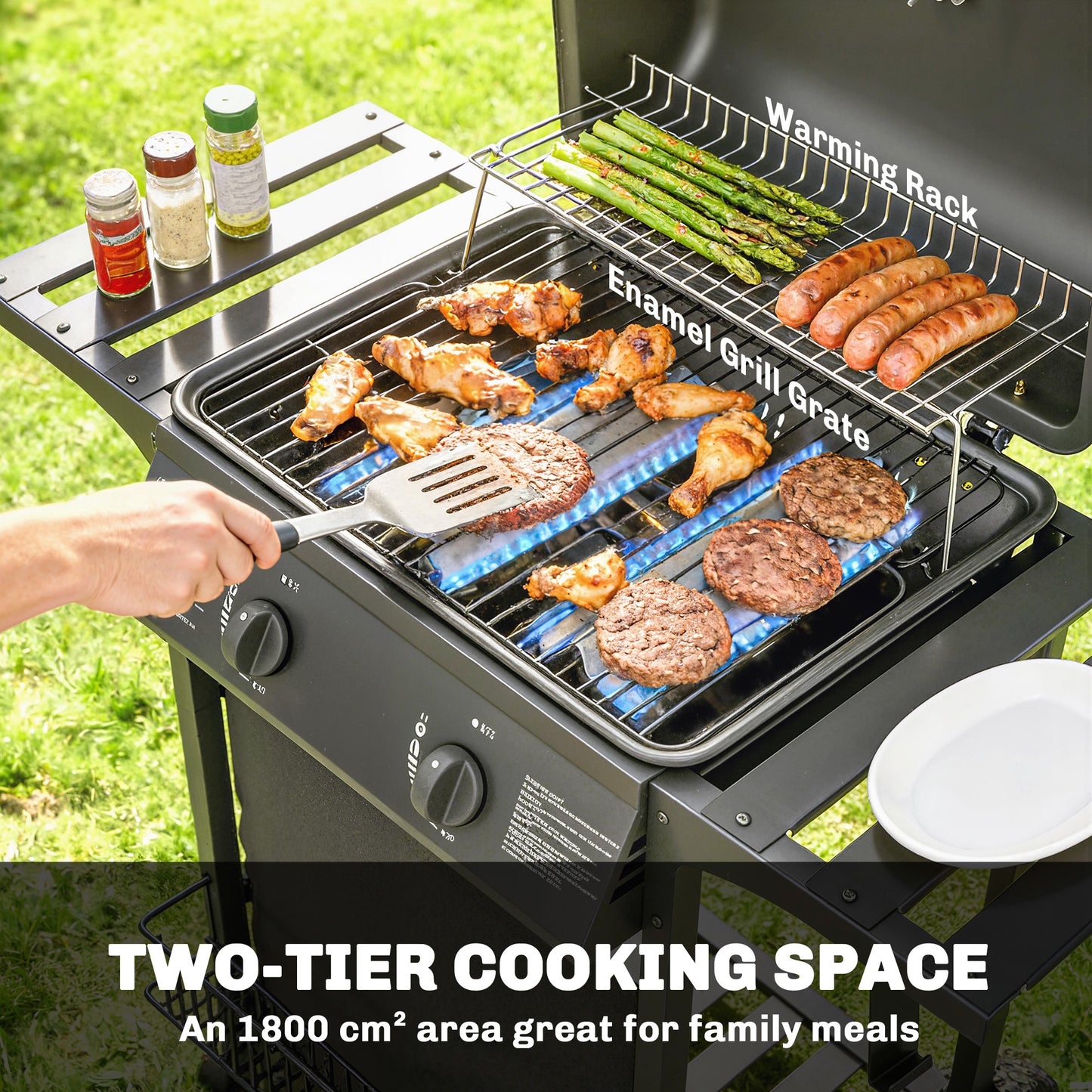 2 Burner Gas BBQ Grill | 1800cm² Enamel Grid | Side Tables | Warming Rack | Lid Thermometer | Grease Tray | UKCA | Black