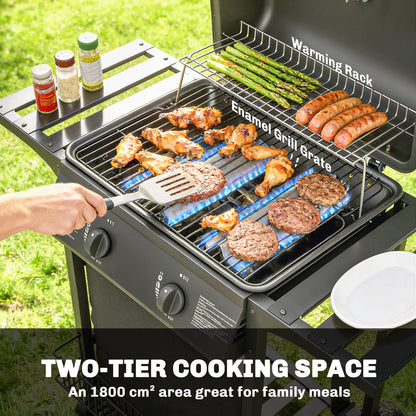 2 Burner Gas BBQ Grill | 1800cm² Enamel Grid | Side Tables | Warming Rack | Lid Thermometer | Grease Tray | UKCA | Black