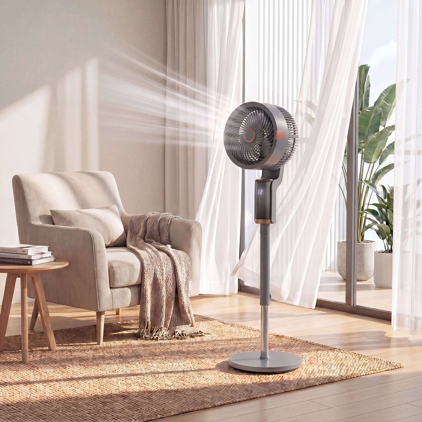 Pedestal Standing Fan | 20dB Sleep Mode | 8 Speeds | 9.5m³/min Airflow | 3D Oscillation | Aromatherapy Pad | Blue Mood Light | Detachable Grill | 5m Remote | 12H Timer | 50W | 110cm | Grey