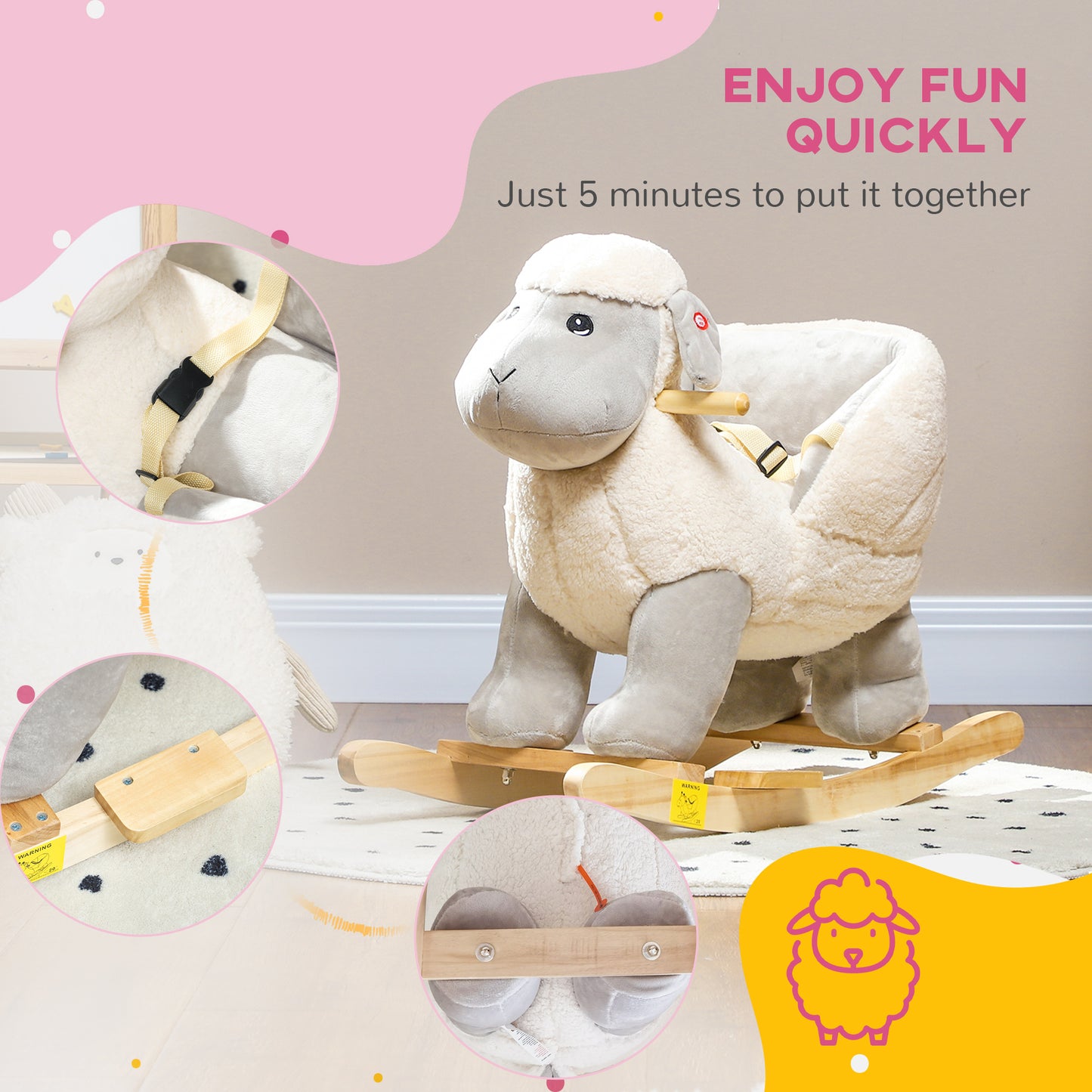 AIYAPLAY Rocking Horse, Ride on Lamb with Safety Belt, Sound, for 1-3 Years, Grey