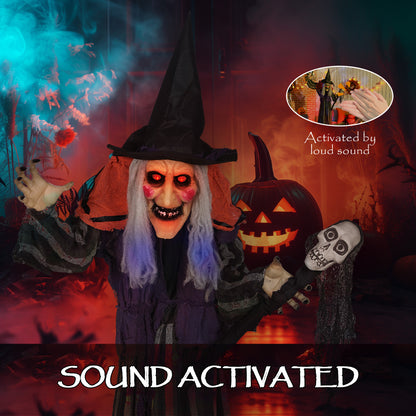 160 cm Life Size Halloween Animated Standing Witch & Skull Staff with Glowing LED Eyes & Head, Spooky Witch Scary Halloween Decorations, Battery Operated, Indoor Party Props
