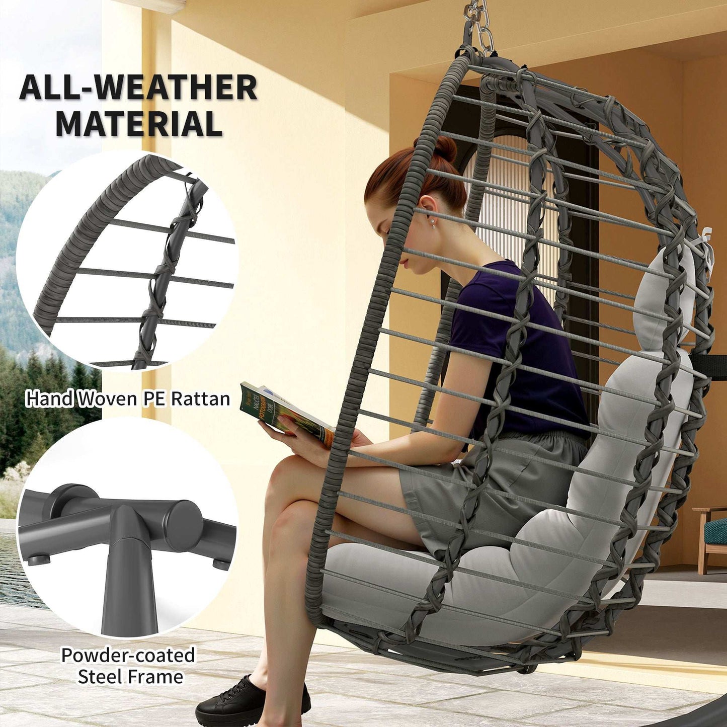Rattan Hanging Egg Chair, Foldable Wicker Hammock Swing Chair with Cushion, Stand, Adjustable Height, Head Pillow, Steel Frame for Garden