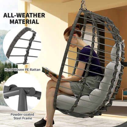 Rattan Hanging Egg Chair, Foldable Wicker Hammock Swing Chair with Cushion, Stand, Adjustable Height, Head Pillow, Steel Frame for Garden