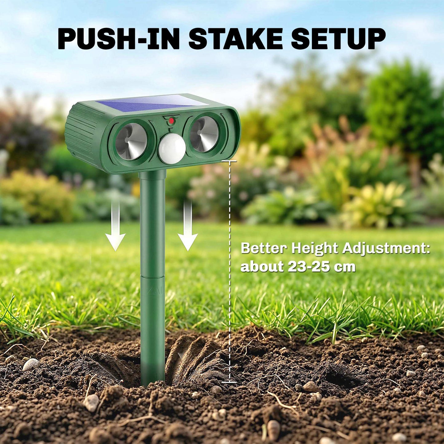 Solar Ultrasonic Animal Repeller | 110° PIR Motion Sensor | 6-8m Range | LED Flash | Ground Stake | IPX4 Weatherproof | Humane Cat Dog Rat Deterrent | 14x9.2x37cm | Green