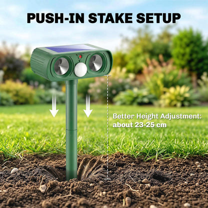 Solar Ultrasonic Animal Repeller | 110° PIR Motion Sensor | 6-8m Range | LED Flash | Ground Stake | IPX4 Weatherproof | Humane Cat Dog Rat Deterrent | 14x9.2x37cm | Green