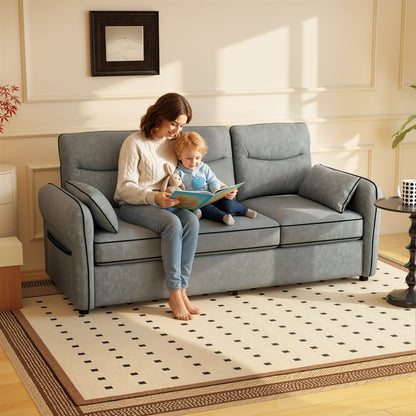 3-Seater Faux Leather Sofa | S-Spring Support | 20cm Seat | Side Pockets | 2 Pillows | Fire-Retardant | 330kg | 190cm | Grey