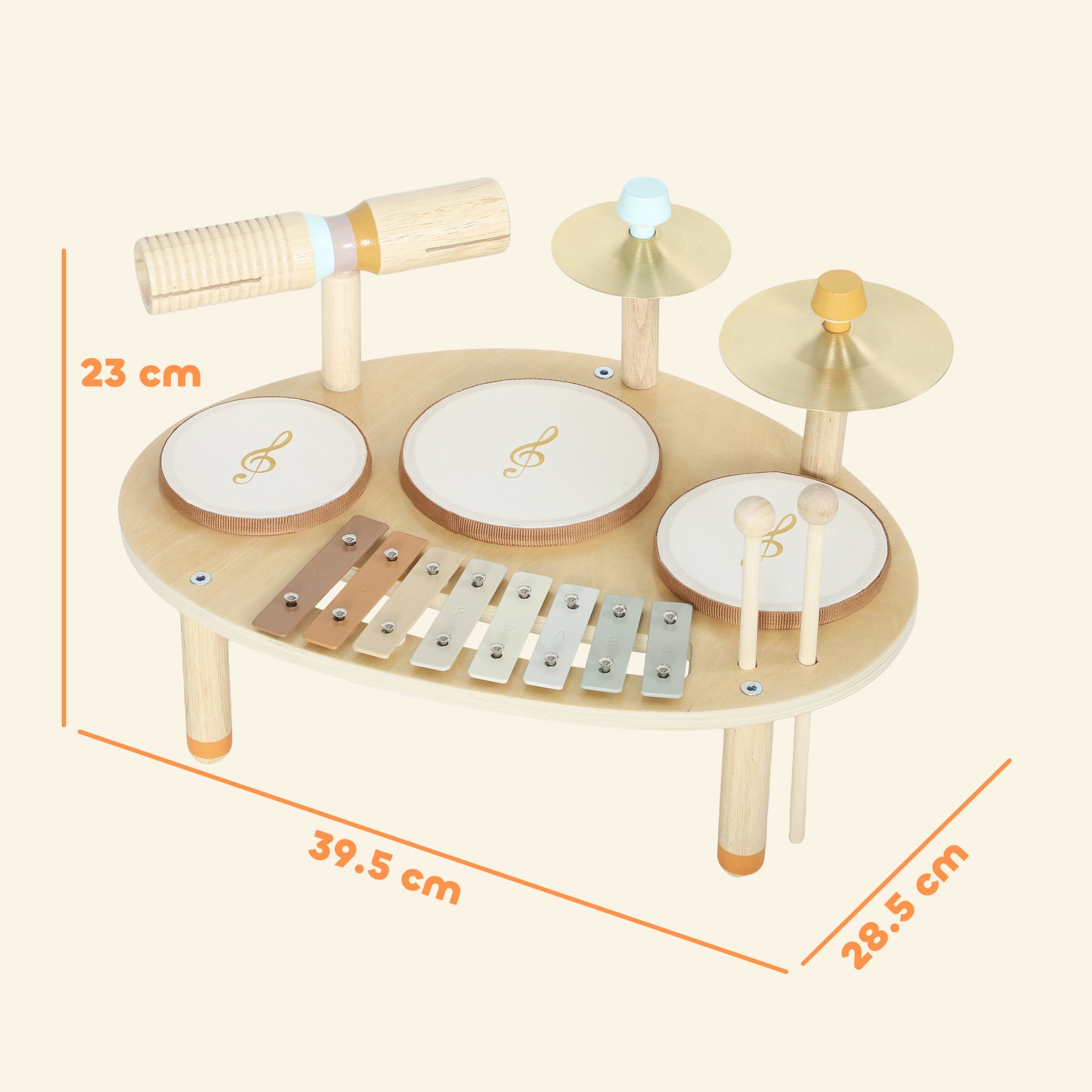 Baby Drum Kit – 4-in-1 Wooden Musical Instruments, 3 Drums, 8-Note Xylophone, Cymbals & Dual-Tone Block, EN71 Tested, Gift-Ready, Ages 2+